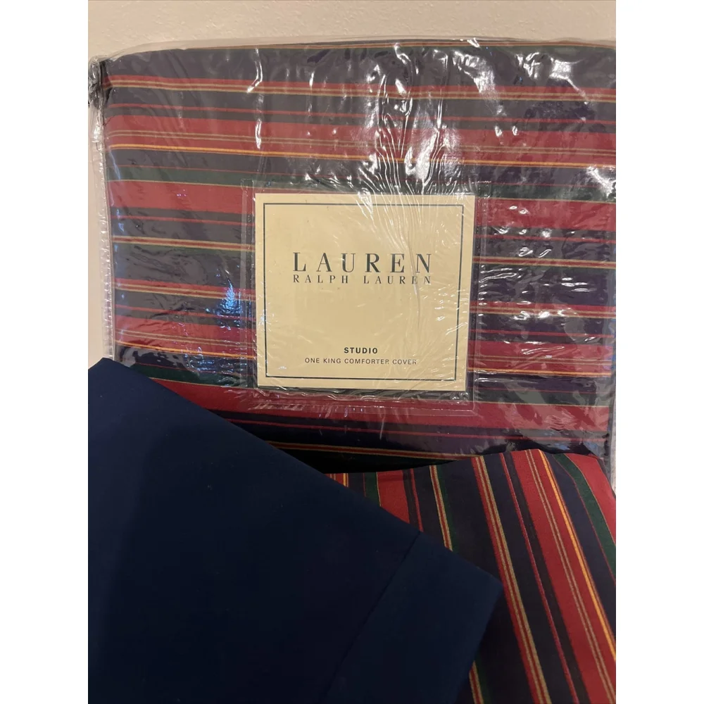 Ralph Lauren Studio Stripe Red King Duvet & 2 Ralph Lauren Navy King Pillowcases